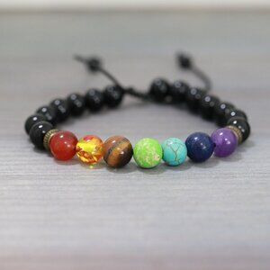 MIxed Color Gemstone with Black Onyx Beads Adjustable Bracelet